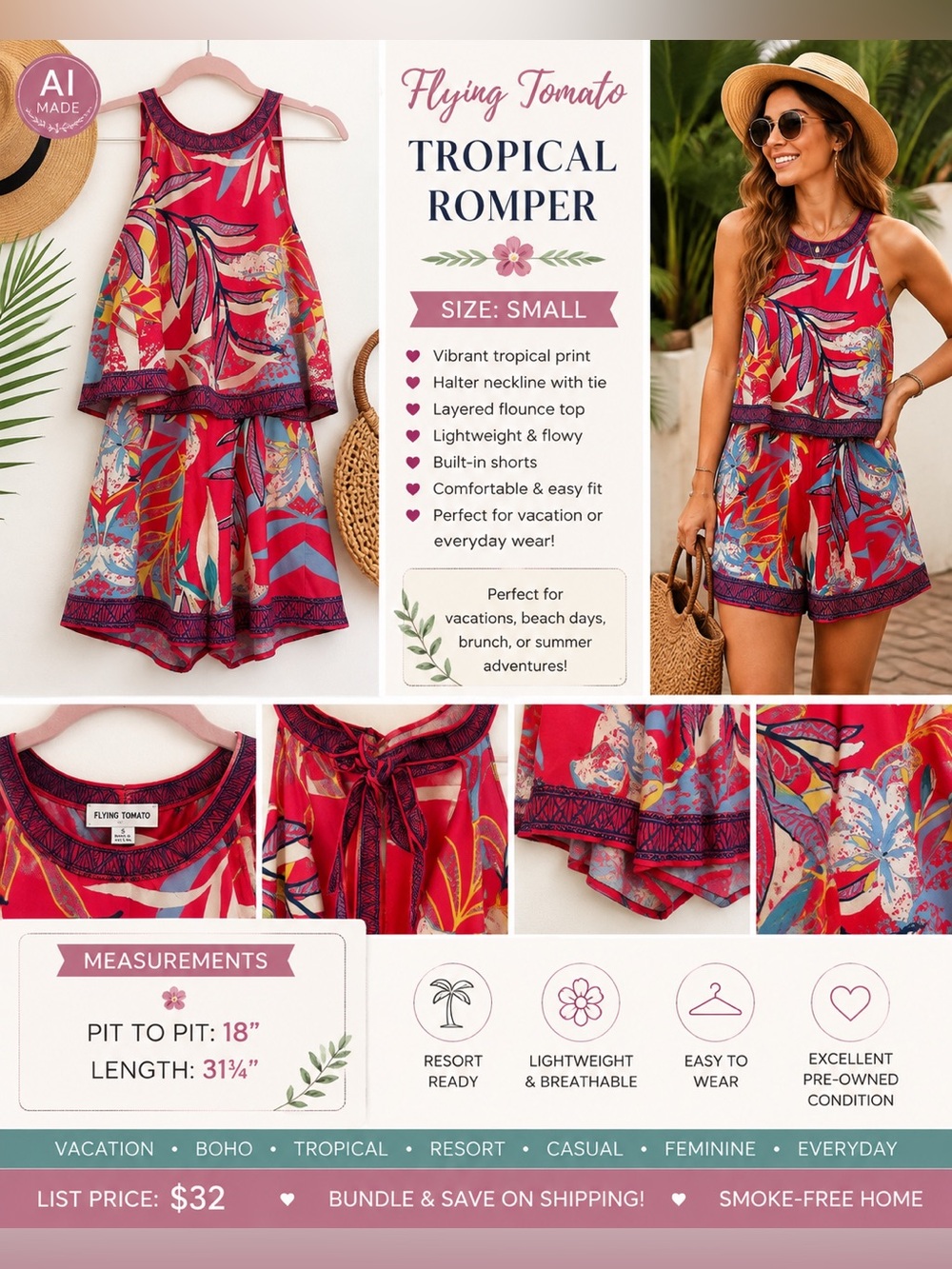 Flying Tomato Tropical Floral Romper Size Small Boho Vacation Resort
